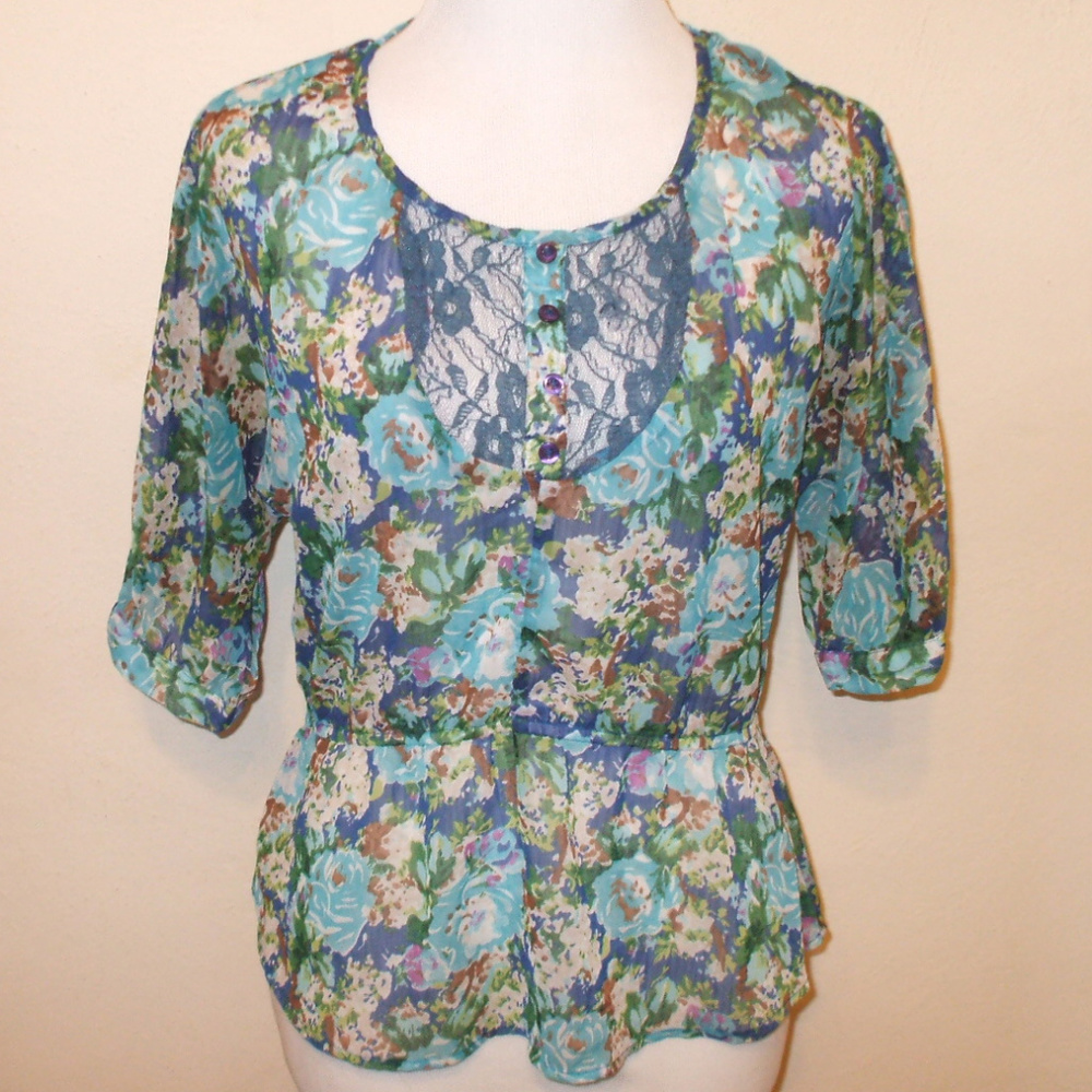 Sheer Blue/Green Floral Blouse